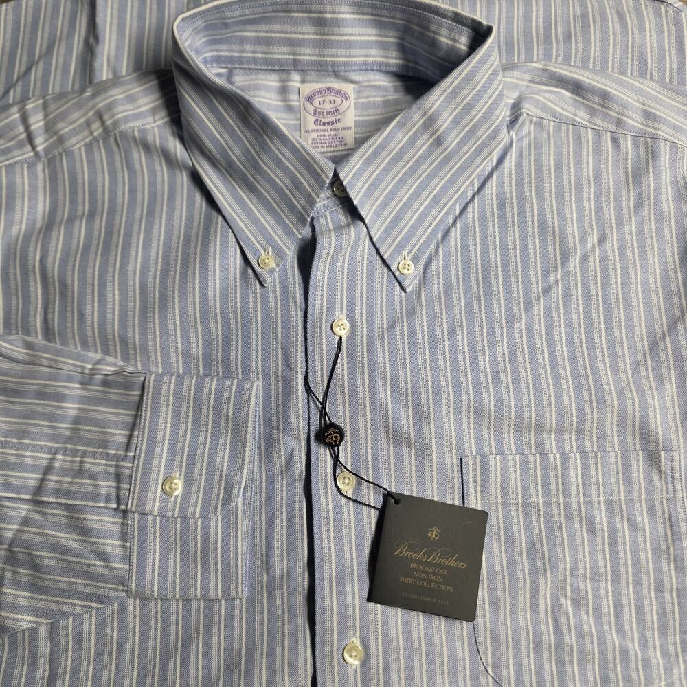 Brooks Brothers Classic Button Down Long Sleeve Shirt Blue Striped Sz 17 33